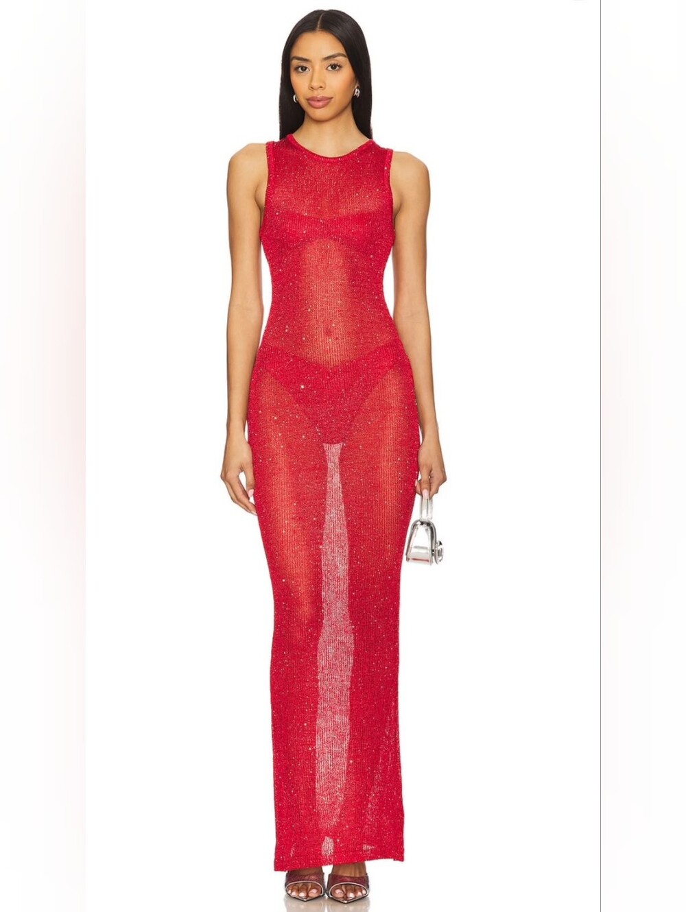 Superdown Alix Beach Cover Up Sheer Sparkle Red Maxi Dress